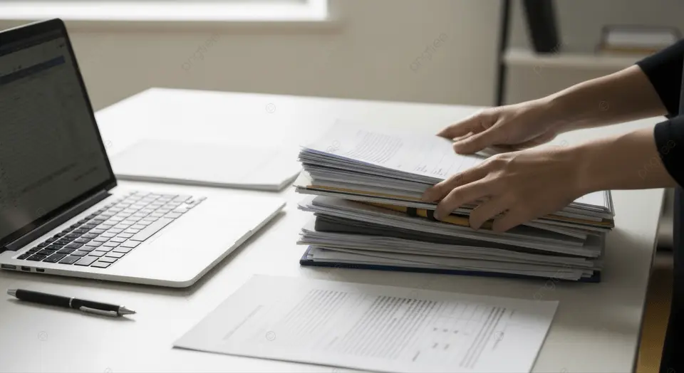 Eine Person ordnet konzentriert Papierstapel neben einem silbernen Laptop auf weißem Tisch
